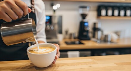 A barista pouring milk into a cup of coffee with a heart design on it.