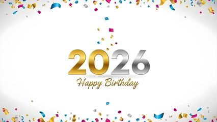 Happy Birthday 2026 Celebration Design with Gold and Silver Numbers and Falling Colorful Confetti