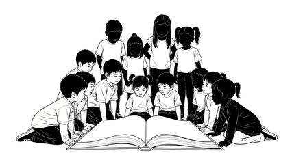 Diverse children and an adult gather around an open book, symbolizing shared learning, curiosity, and the joy of discovery in education