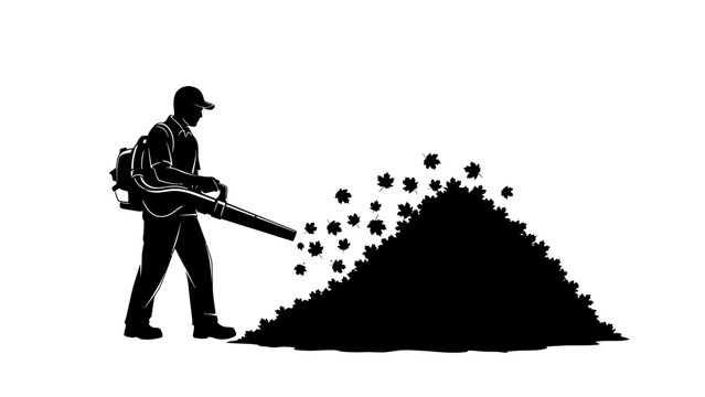 Silhouette of a person blowing leaves into a pile with a leaf blower