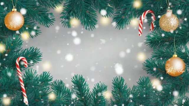 Christmas tree border with ornaments, candy canes, lights, and snowfall copy space