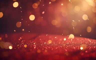 Golden Bokeh Lights On Red Glitter Background For Festive Design