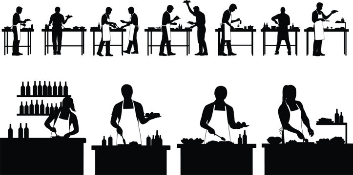 Professional kitchen silhouettes showing chefs cooking, chopping, plating, and preparing food in culinary school and restaurant environments, black vector set.