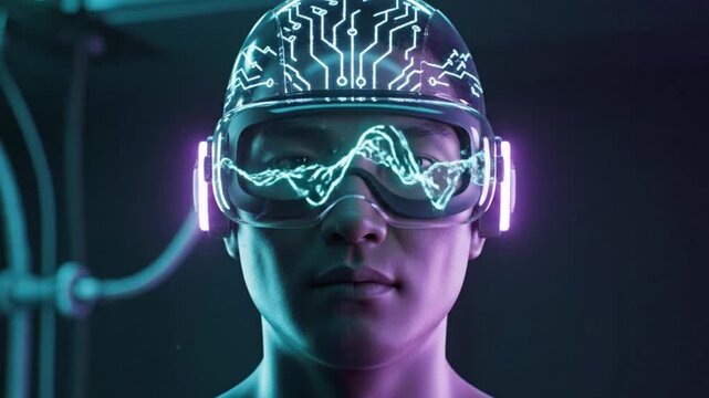 Futuristic Human Wearing Neon Visor and Cyber Interface Headset Representing Artificial Intelligence Neural Technology and Digital Future Innovation