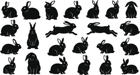 Rabbit silhouette vector set with varied poses and ear styles, black bunny animal illustration for nature, wildlife, and design themes