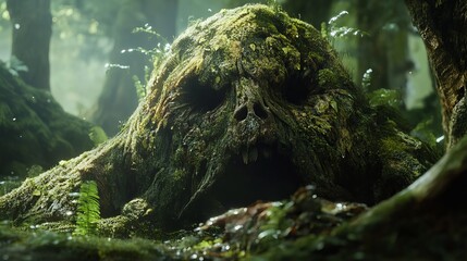 Fototapeta premium Moss-Covered Tree Root in Lush Forest with Sunlight