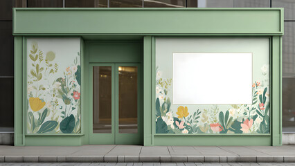 A storefront window decorated with illustrated spring florals, soft green accents, and a blank seasonal promotion