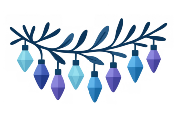 Festive winter branch hanging colorful diamond-shaped lights, decorating holidays and celebrating christmas or new year event on transparent background