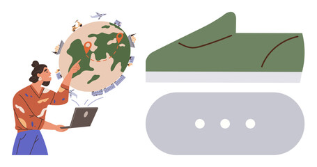 Woman pointing at globe while working on laptop, highlighting global logistics. Green shoe suggests sustainable fashion. Ideal for global business, supply chain, fashion, sustainability, innovation