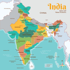 India colorful map with states names 
