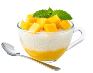 Refreshing Mango Dessert in Glass Cup with Mint Garnish and Silver Spoon