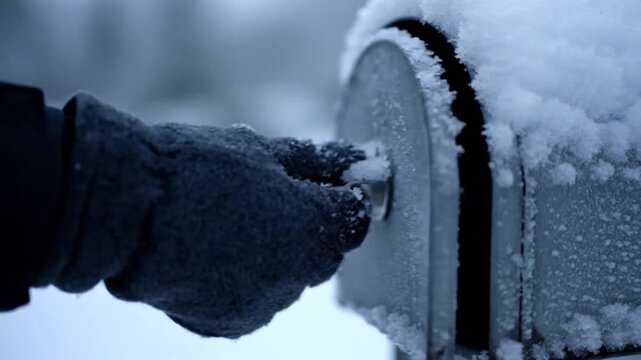 Hand in glove opening a snow covered mailbox in winter.