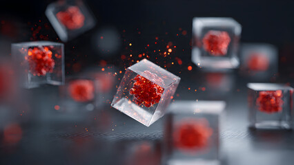 Floating firewall cubes blocking red cyber-threat particles traveling toward a secure network