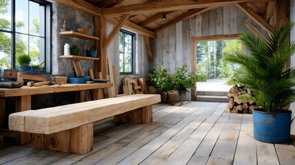 Rustic woodworking shed interior with wooden tools