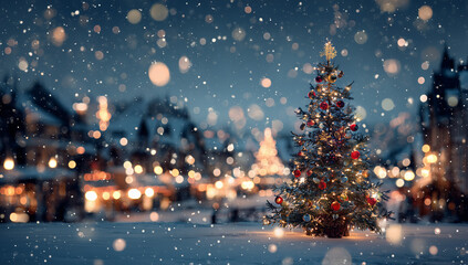 Obraz premium A christmas tree adorned with ornaments stands against the backdrop of a snow-covered town at dusk.