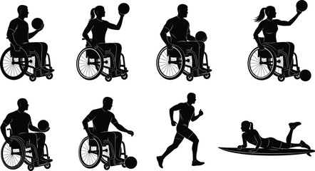 Obraz premium Inclusive athlete silhouette vector collection showcasing adaptive athletes in various sports like wheelchair basketball, sprinting, and surfing for design use