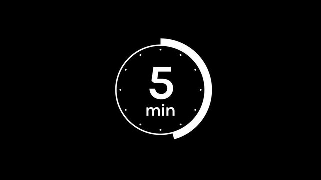 Animation of timer clock icon with 10 minutes. Stopwatch icon in flat style 10 to 0 minute isolated on black background.