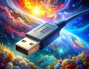 USB cable connecting vibrant cosmos and coral reef