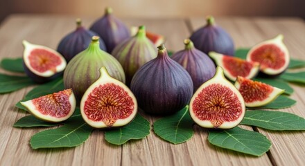 Fresh figs on a wooden table with green leaves.