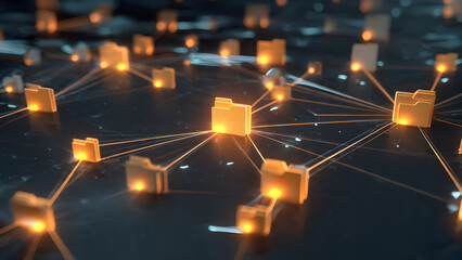 Multiple glowing folders connected by file-transfer beams showing decentralized IPFS routing in ultra detail