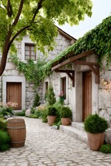 Rustic stone house with cobblestone courtyard and green ivy