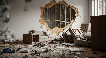 A destroyed room with a large hole in the wall, furniture scattered on the floor, and debris on the floor.