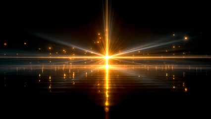 Abstract Glowing Golden Light with Horizontal Beam and Reflection. Heavenly Message, Spiritual Symbol, Powerful Aura.