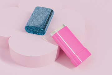 Glittery blue twist up cosmetic blush stick packaging mockup, Rotating Solid skincare cream container with blue glitter enclose cap, hot pink plastic containers for deodorants, beauty branding concept