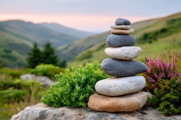 Stacked stones balancing on zen mountain landscape creating harmony