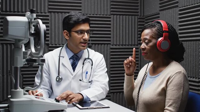 Audiology Examination: A Doctor Assists a Patient with a Hearing Test, Assessing Ear Health