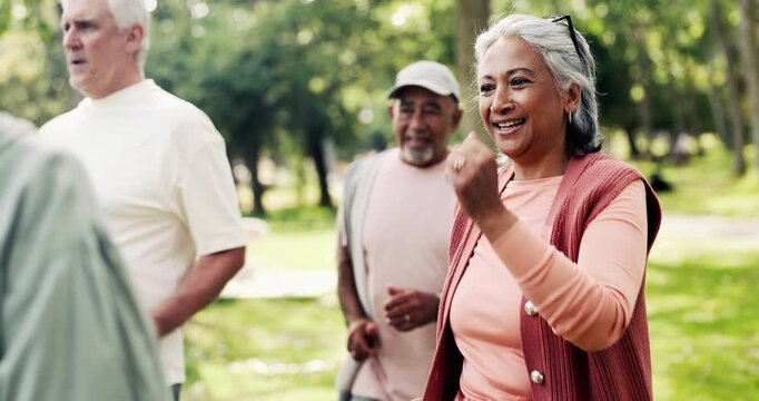 Demonstration, fitness or laughing with old woman and personal trainer in park for mobility class. Excited, exercise or lesson with coach and funny senior people outdoor in nature for wellness course