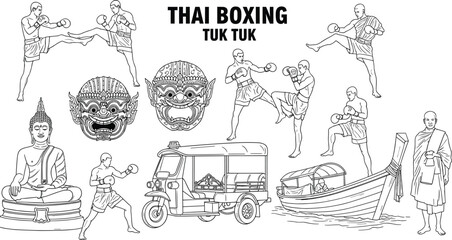 Thai culture illustration set, Muay Thai boxing sketch, tuk tuk and Buddha drawing, traditional icons, flat vector illustration