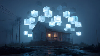 Ultra-realistic house transforming into floating digital cubes and token fragments glowing in mid-air