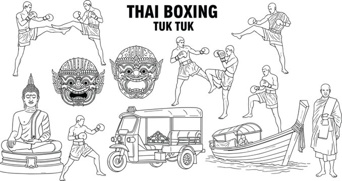 Thai culture illustration set, Muay Thai boxing sketch, tuk tuk and Buddha drawing, traditional icons, flat vector illustration