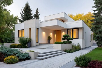 Fototapeta premium Modern luxury home exterior with minimalist landscape design