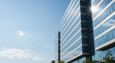 A modern glass office building with reflective windows against a clear blue sky.