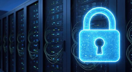 A blue and white server room with a glowing blue padlock in the foreground.