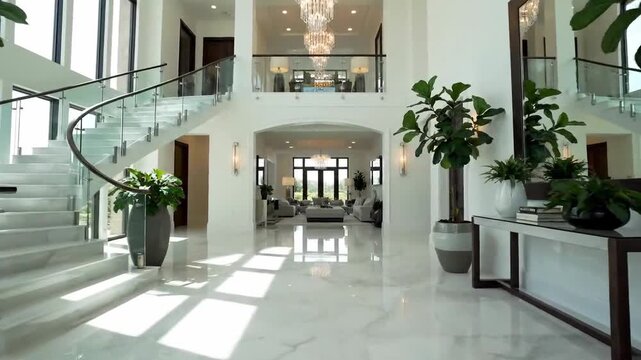 Elegant Entrance Hallway Showcasing Architectural Design, Luxury Decor, And Lush Greenery