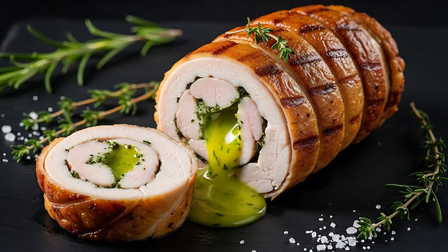 Sous-Vide Chicken Ballotine Cut in Half Revealing a Liquid Center of Vibrant Herb Butter on Slate
