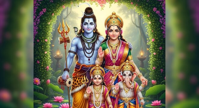 Lord shiva family parvati kartikeya ganesha hindu gods divine family indian deities art