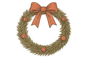 Christmas wreath featuring a hand-drawn style with a rustic orange bow and red berries, seasonal decor for holiday designs