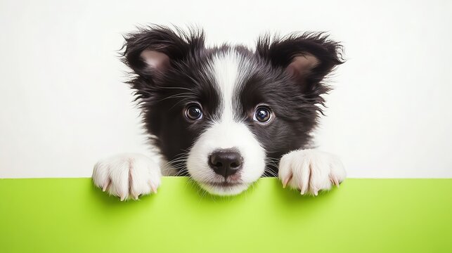 Adorable puppy peeking over bright green surface.