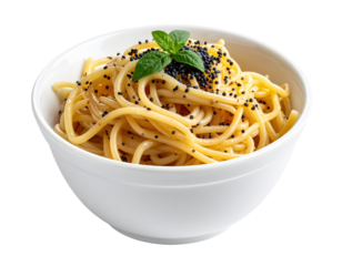 Delicious Spaghetti Pasta Dish with Black Caviar and Mint Garnish.
