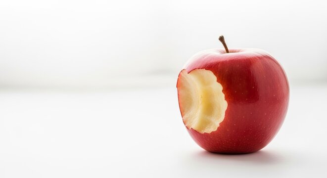 A red apple with a bite taken out of it on a white background.