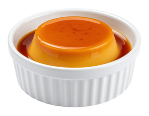 Creamy Caramel Flan Dessert in a White Ramekin, Delicious and Appetizing.
