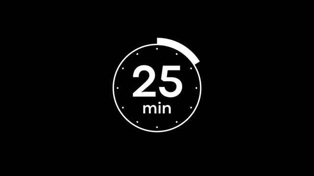 Animation of timer clock icon with 30 minutes. Stopwatch icon in flat style 30 to 0 minute isolated on black background.