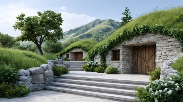 Earth sheltered hobbit homes with green roofs