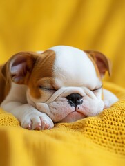 Cute sleeping puppy on a cozy blanket.