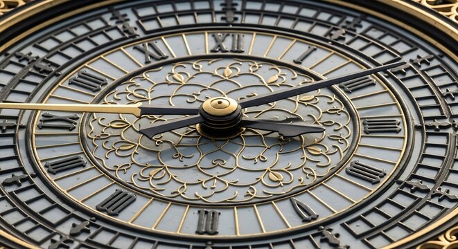 Macro Close-Up of Big Ben Clock Hands and Gilded Ornament