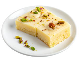 Creamy, square-cut dessert with pistachio and almond garnish on white plate.